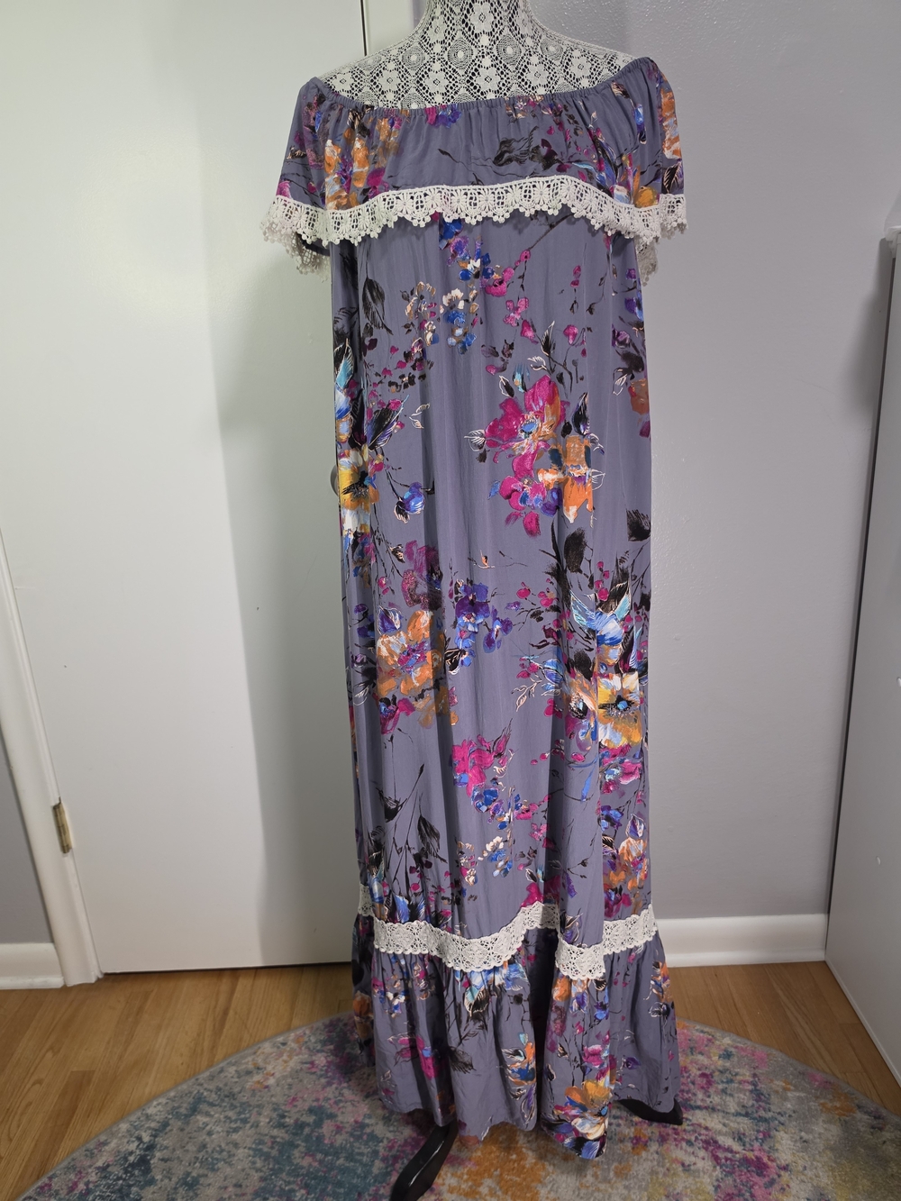Altar'd State Gray Floral Off Shoulder Crochet Lace Maxi Dress Medium